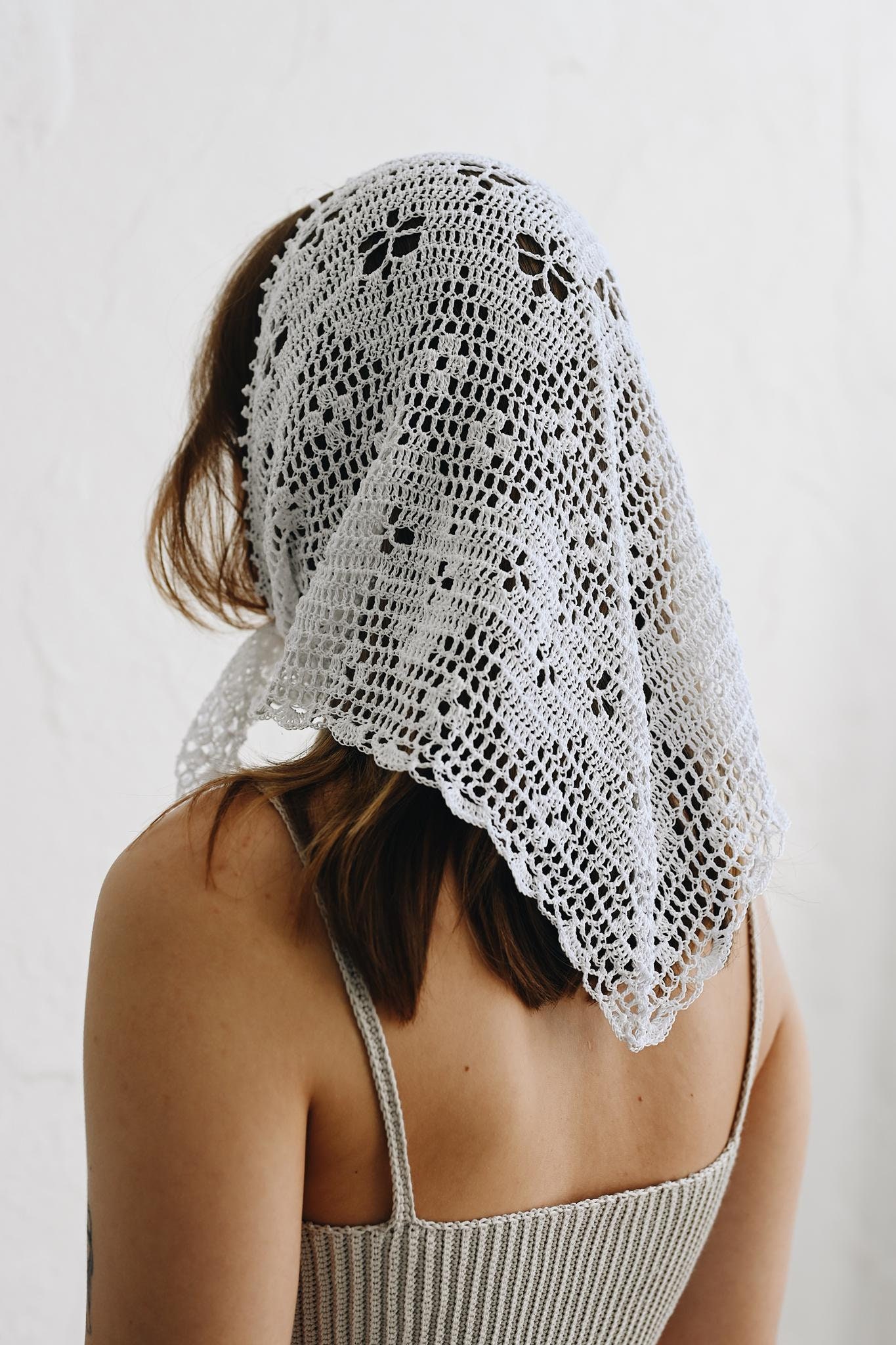 Hand-crocheted Cotton Lace Headwrap: Milky White Triangle Scarf