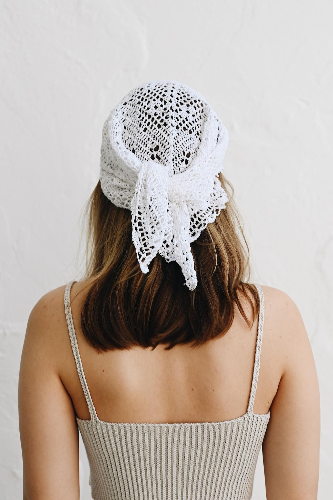 Hand-crocheted Cotton Lace Headwrap: Milky White Triangle Scarf