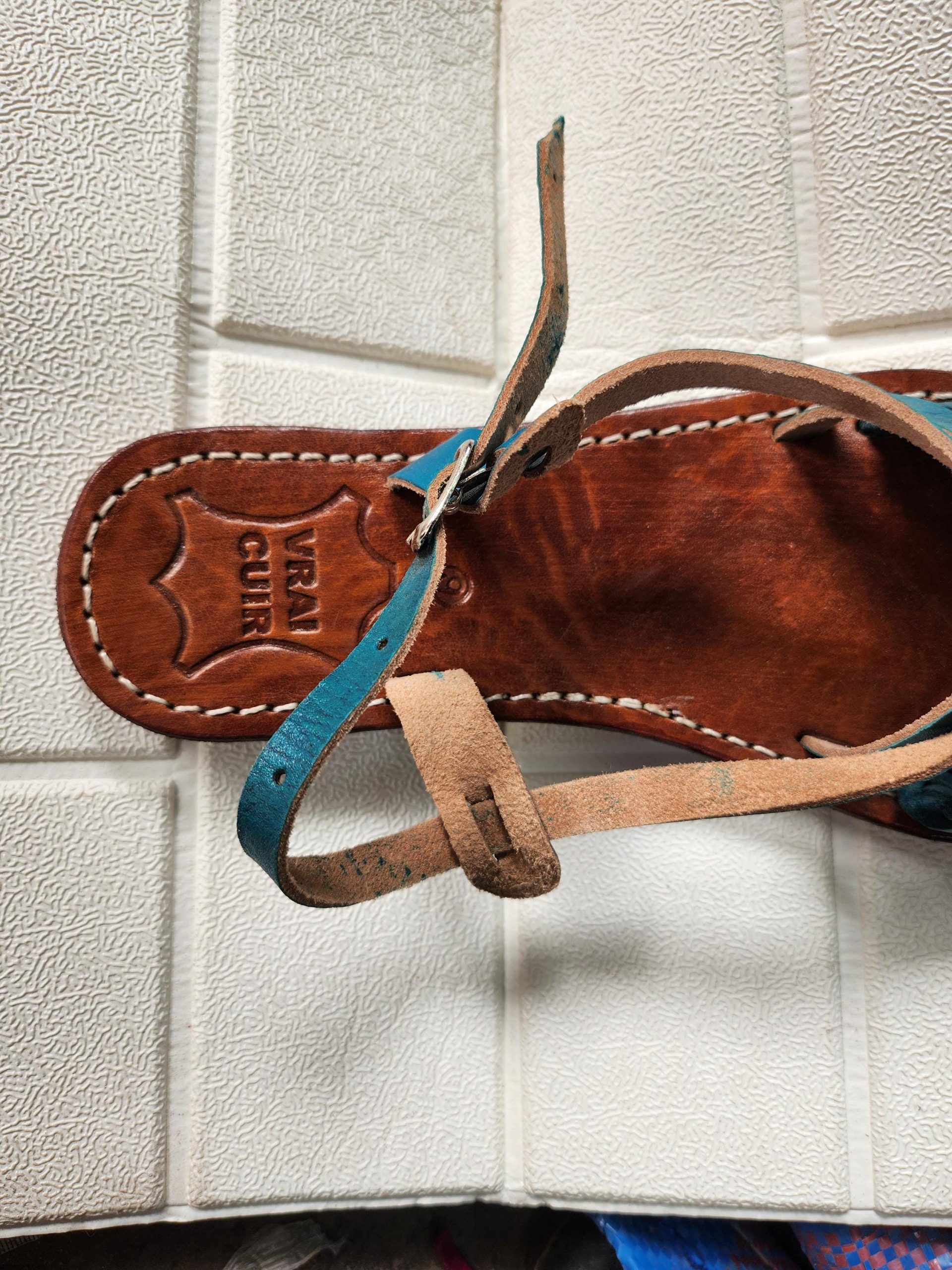 Handmade Moroccan Women’s Sandals – Turquoise Braided Leather Summer Shoes – Genuine Tan Flat Sandals, Real Leather Slides, Gift For Her