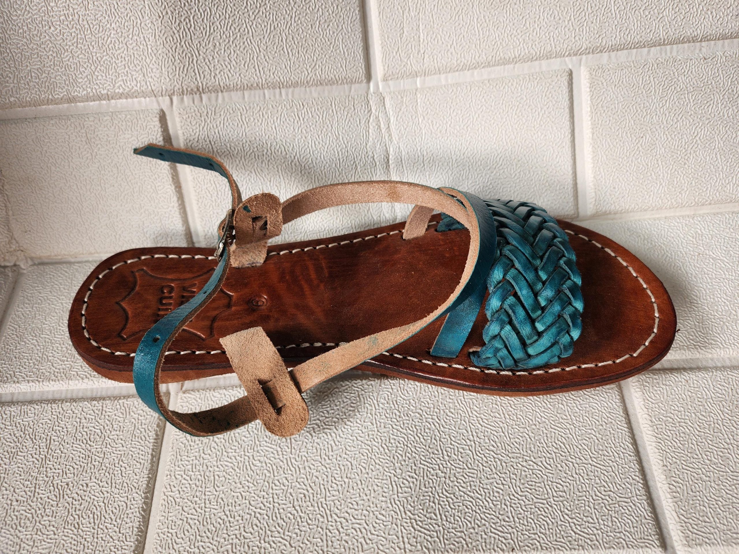 Handmade Moroccan Women’s Sandals – Turquoise Braided Leather Summer Shoes – Genuine Tan Flat Sandals, Real Leather Slides, Gift For Her