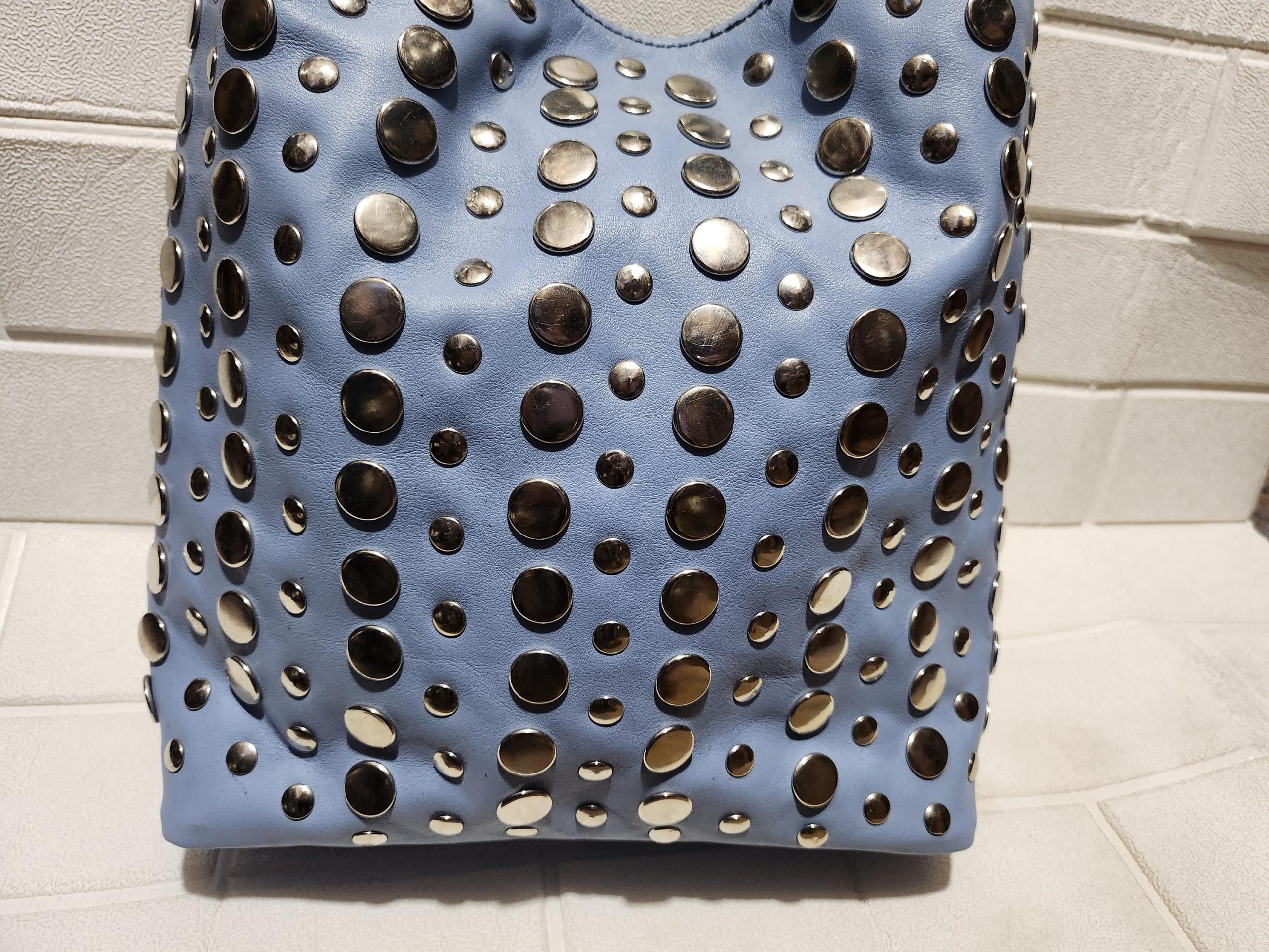 Moroccan Leather Tote – Soft Blue Studded Shoulder Bag | Handmade Boho Artisan Purse | Light Blue Shopper – Large & Small Sizes