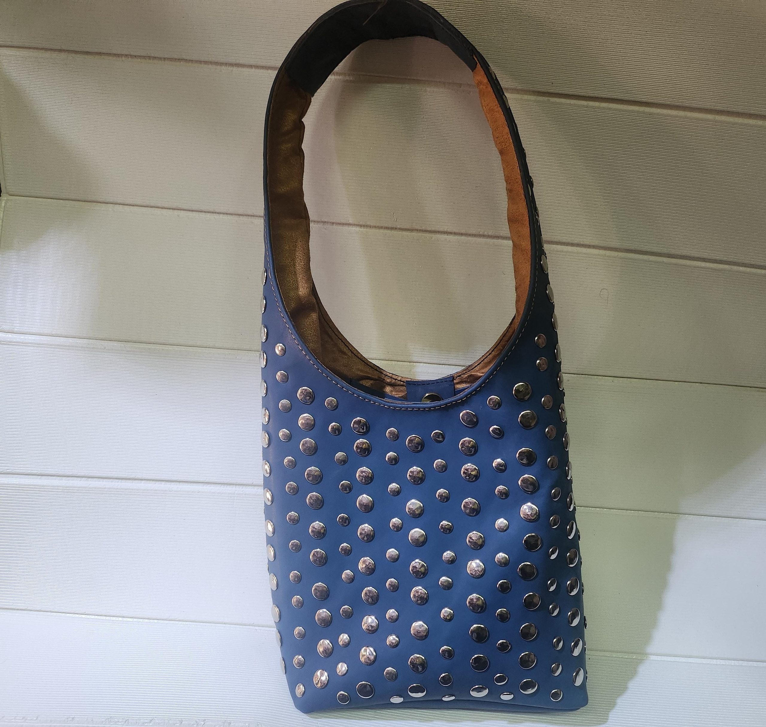 Moroccan Blue Leather Tote Bag – Handmade Studded Shoulder Purse – Boho Chic Bag With Silver Accents – Soft Interior – Large & Small Sizes