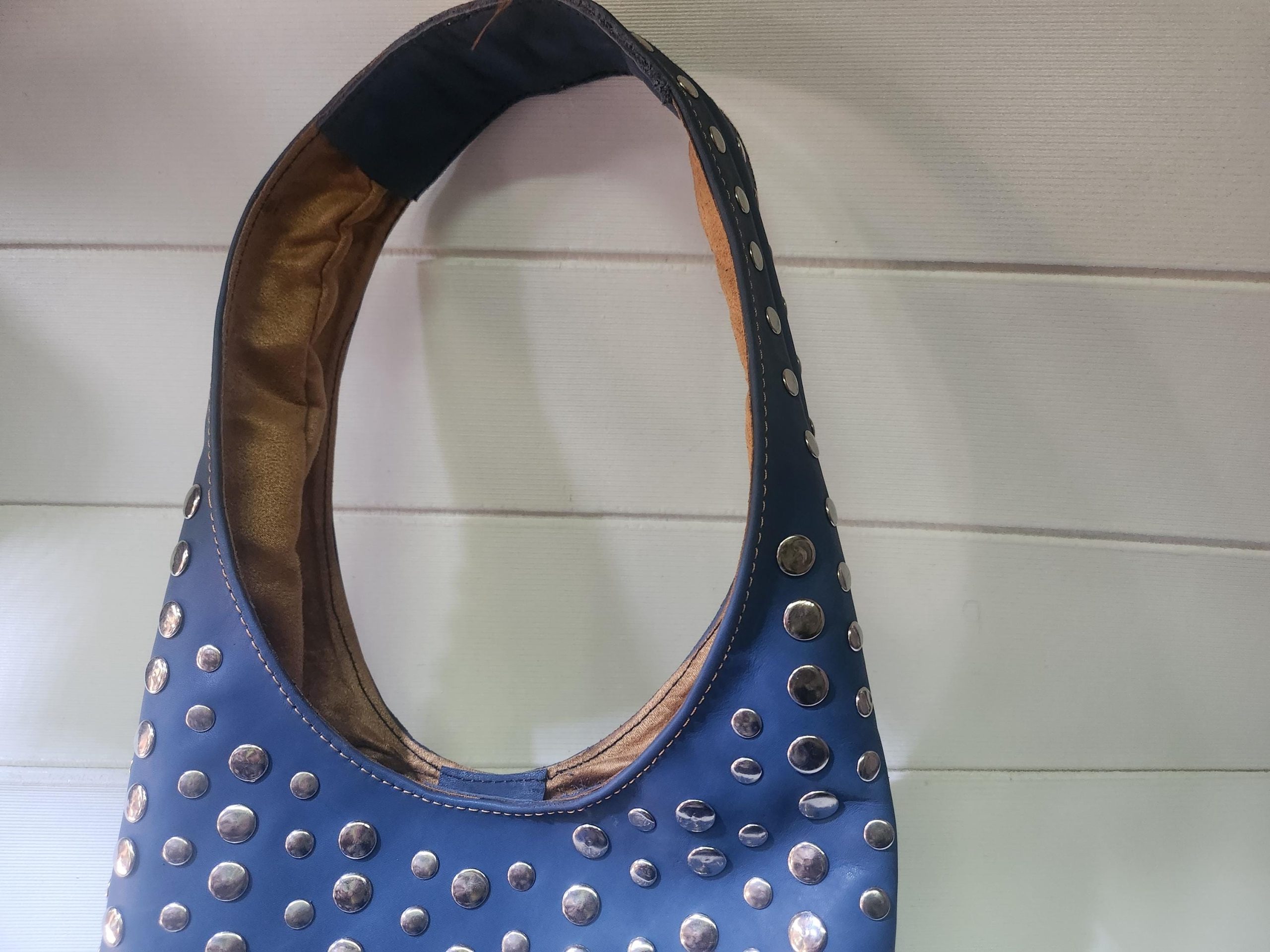 Moroccan Blue Leather Tote Bag – Handmade Studded Shoulder Purse – Boho Chic Bag With Silver Accents – Soft Interior – Large & Small Sizes