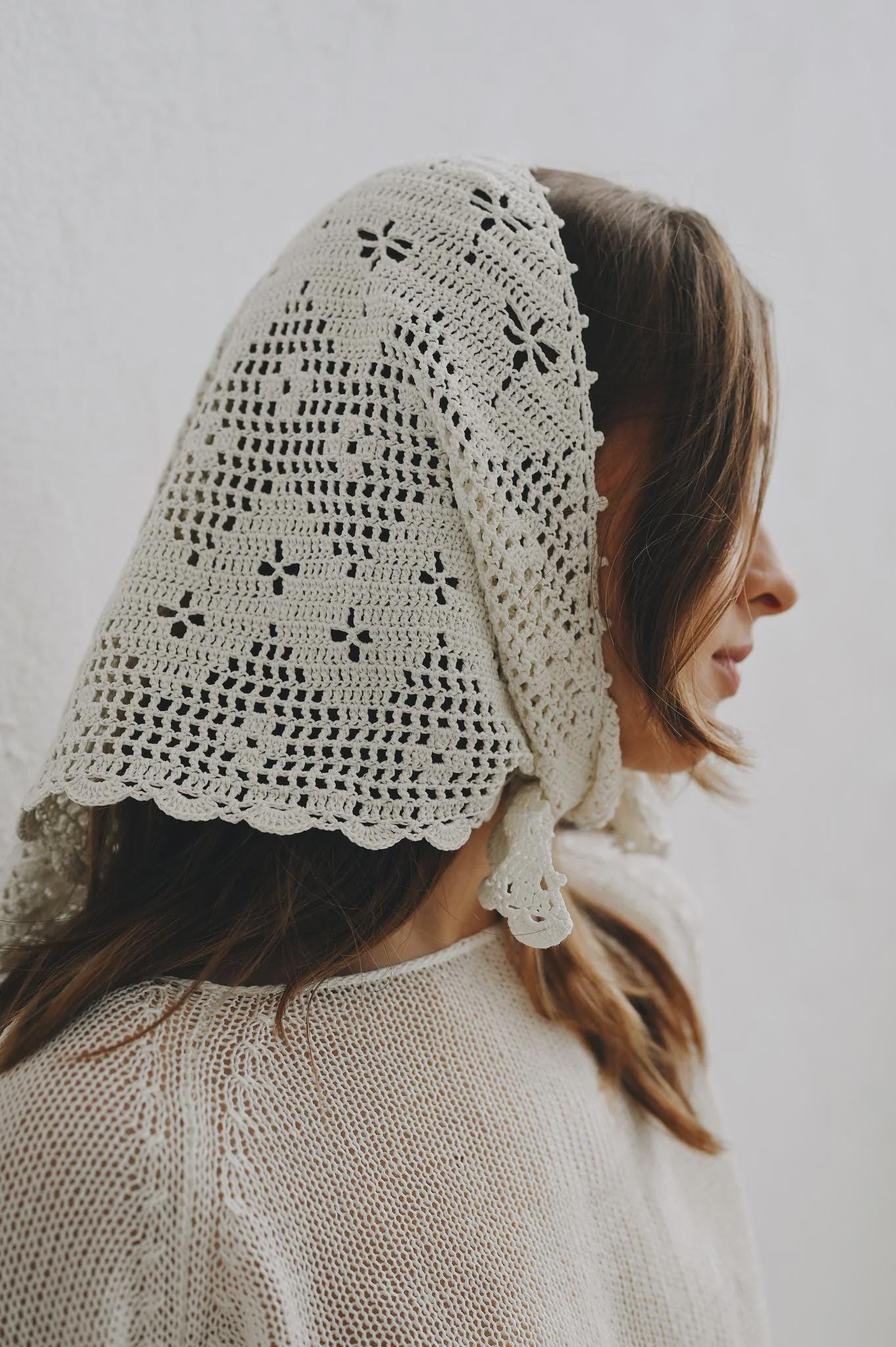 Hand-crocheted Cotton Lace Headwrap: Milky White Triangle Scarf