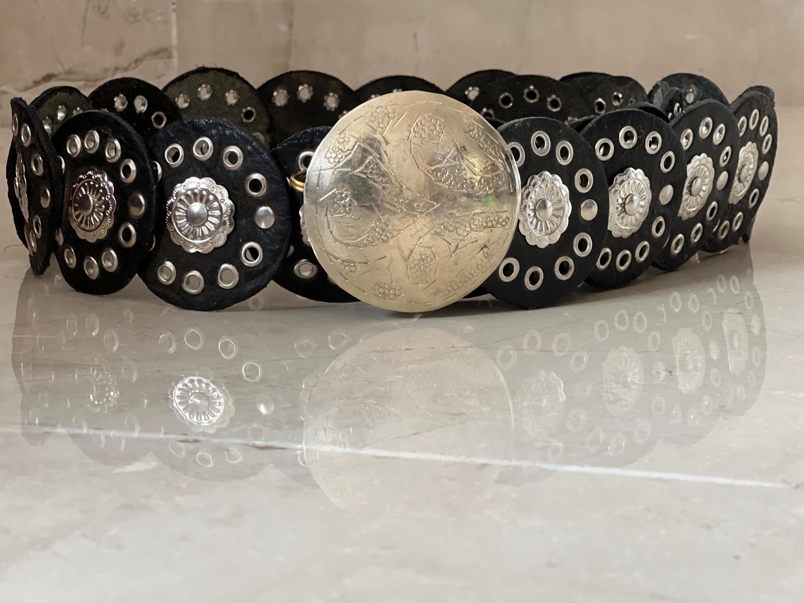 Vintage Moroccan Leather Concho Belt – Wide Studded Waist Belt For Women Halloween