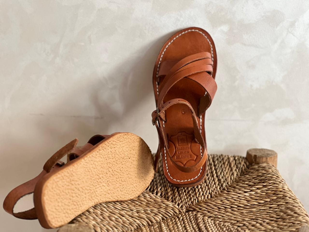 Handmade Moroccan Brown Leather Sandals – Cross Strap Flat Slides Women