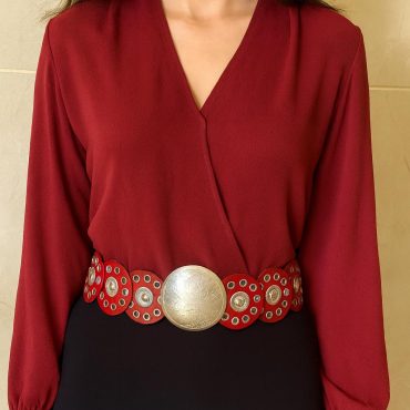 Handmade Moroccan Red Leather Belt With Silver Buckle – Wide Boho Waist Belt