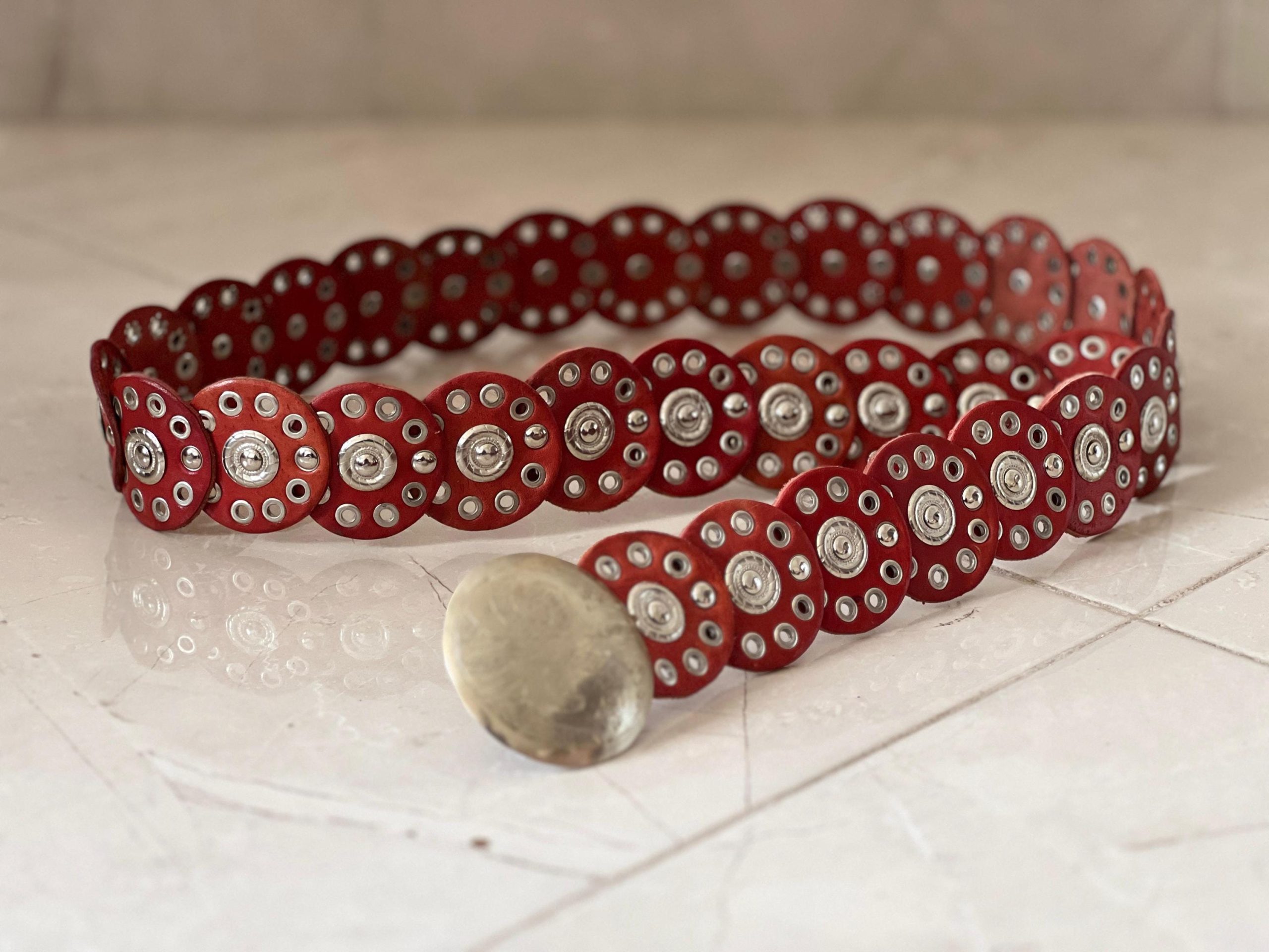 Handmade Moroccan Red Leather Belt With Silver Buckle – Wide Boho Waist Belt