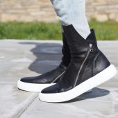 Men's Genuine Leather Sneakers Boots Mens Black For