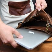 Personalized Leather Laptop Messenger Bag: Light Brown Monogrammed