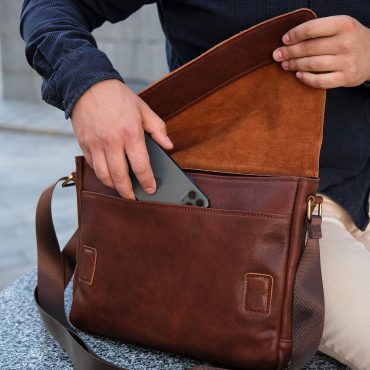 Personalized Leather Laptop Messenger Bag: Light Brown Monogrammed